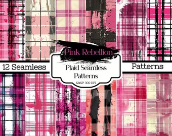 Pink Black Plaid Digital Pattern, Pink Red Digital Paper, Distressed Pink Tartan Background, Retro Grunge Digital Backdrops Commercial Use