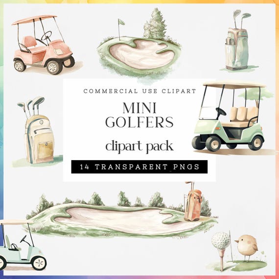 Golfing Commercial Use Clipart, Watercolor Golf Cart Images, Sports Equipment Transparent Pngs for Nursery Decor or Baby Shower Invitation