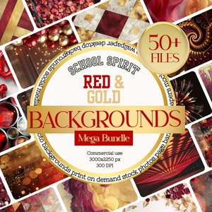 May include: A collage of 50+ red and gold backgrounds for school spirit. The backgrounds are ideal for social media, desktop backgrounds, and print-on-demand products. The text "SCHOOL SPIRIT RED & GOLD BACKGROUNDS Mega Bundle" is featured in the centre of the image.