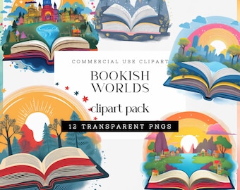 Imágenes PNG de Bookish Worlds, imágenes prediseñadas de libros abiertos para la escuela o la biblioteca, imágenes de sublimación para amantes de la lectura, imágenes coloridas para uso comercial