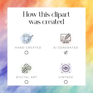 Puede incluir: Un cuadrado blanco con el texto "C&oacute;mo se cre&oacute; este clipart" en la parte superior. Hay cuatro iconos con casillas de verificaci&oacute;n debajo del texto. El primer icono es un pincel y una paleta, etiquetado como "Creado a mano". El segundo icono es una pantalla de computadora con un l&aacute;piz, etiquetado como "Generado por IA". El tercer icono es un l&aacute;piz y engranajes, etiquetado como "Arte digital". El cuarto icono es un ojo dentro de un cuadrado, etiquetado como "Vintage". La casilla de verificaci&oacute;n junto a "Generado por IA" est&aacute; marcada.