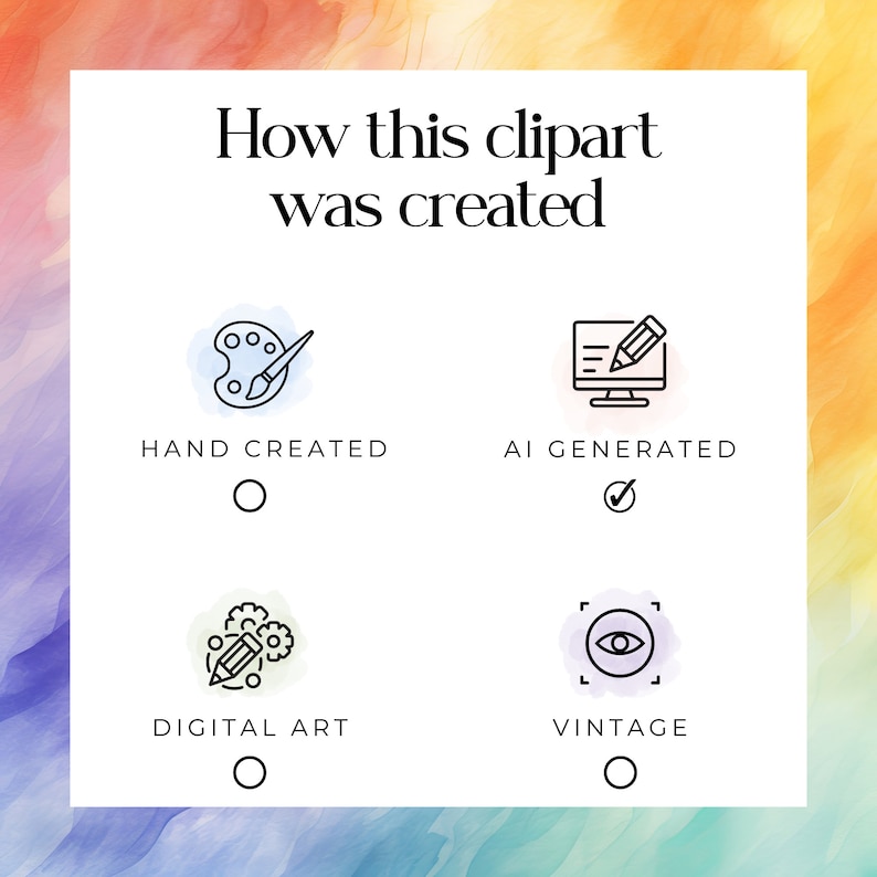 Puede incluir: Un cuadrado blanco con el texto "C&oacute;mo se cre&oacute; este clipart" en la parte superior. Hay cuatro iconos con casillas de verificaci&oacute;n debajo del texto. El primer icono es un pincel y una paleta, etiquetado como "Creado a mano". El segundo icono es una pantalla de computadora con un l&aacute;piz, etiquetado como "Generado por IA". El tercer icono es un l&aacute;piz y engranajes, etiquetado como "Arte digital". El cuarto icono es un ojo dentro de un cuadrado, etiquetado como "Vintage". La casilla de verificaci&oacute;n junto a "Generado por IA" est&aacute; marcada.