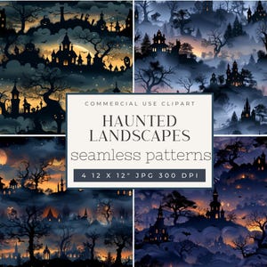 May include: Four seamless patterns featuring a spooky Halloween landscape with dark silhouettes of haunted houses, trees, and a full moon. The patterns are in shades of blue, purple, and orange.