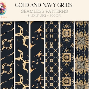 Navy and Gold Background, Blue and Gold Seamless Pattern, Geometric Scrapbook Paper, Commercial Use Digital Paper Pack, Junk Journal Paper