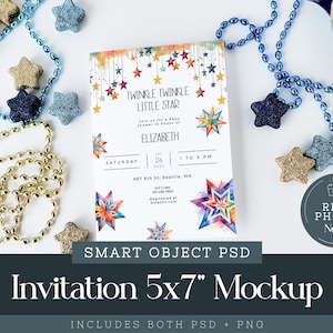 May include: A mockup of a 5x7 inch invitation with the text "Twinkle Twinkle Little Star" and details for a baby shower. The invitation is decorated with colorful star illustrations and surrounded by star-shaped beads in gold, blue, and navy.