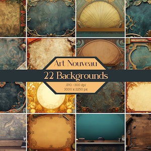 May include: A collection of 22 digital backgrounds in the Art Nouveau style. The backgrounds feature ornate frames, decorative patterns, and a variety of colors, including gold, teal, and brown. The backgrounds are perfect for adding a touch of elegance and sophistication to your designs.