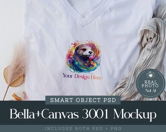 Bella+Canvas 3001 White Tshirt Mockup Photoshop, Flatlay Smart Object Psd, Boho Short-Sleeved Shirt Mockup, Close-up Apparel Mockup