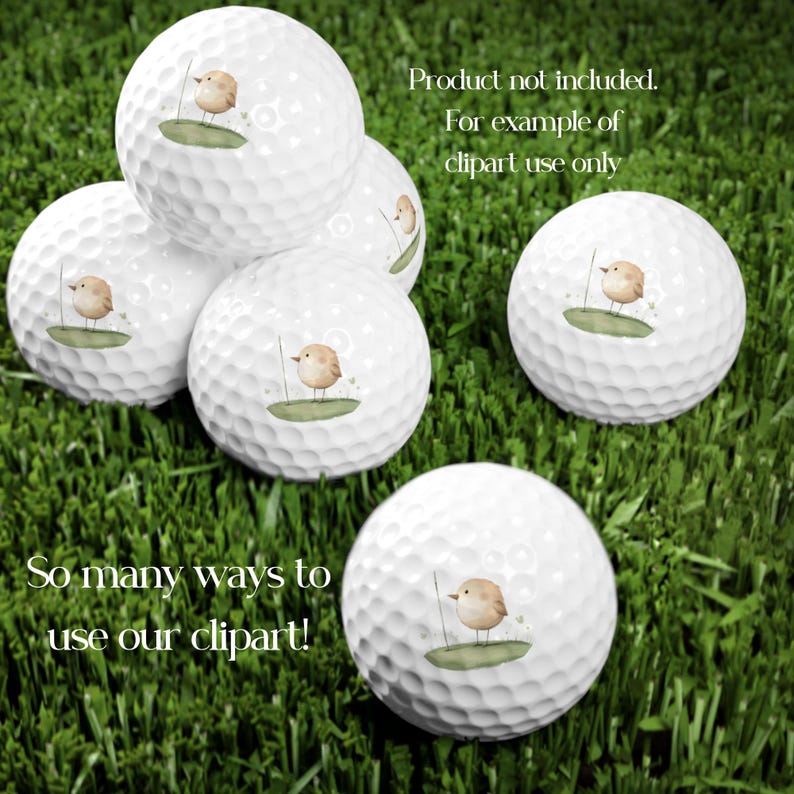 Puede incluir: Cinco bolas de golf blancas con una ilustraci&oacute;n de un p&aacute;jaro marr&oacute;n en cada una. Los p&aacute;jaros est&aacute;n de pie en un parche de hierba verde con un peque&ntilde;o palo detr&aacute;s de ellos. El texto "So many ways to use our clipart!" est&aacute; en la parte inferior de la imagen. El texto "Product not included. For example of clipart use only" est&aacute; en la parte superior de la imagen.