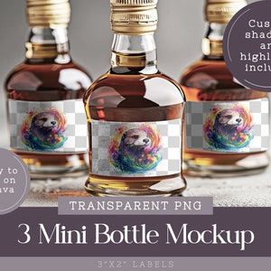 May include: Three mini liquor bottles with gold caps and labels featuring a colorful otter illustration. The labels are 3" x 2" and are transparent PNGs. The image includes text that says "3 Mini Bottle Mockup" and "Easy to use on Canva."