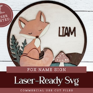 Nom de bébé renard signe SVG, fichier découpé au laser, fichier Gloforge de décoration de chambre d'enfant des bois, accroche-porte personnalisé en téléchargement numérique