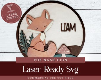 Fuchs Baby Namen Zeichen SVG, Laser geschnitten Datei, Wald Kinderzimmer Dekor Gloforge Datei, personalisierte Tür Schild Digitaler Download