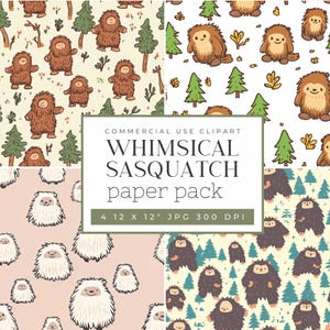 Op de afbeelding: Vier digitale papierontwerpen met grillige sasquatch-illustraties in verschillende kleuren en patronen. De ontwerpen omvatten een sasquatch in een bosomgeving, een sasquatch met sterren, een sasquatch met een roze achtergrond en een sasquatch met een witte achtergrond. De tekst "COMMERCIAL USE CLIPART WHIMSICAL SASQUATCH paper pack 4 12 X 12" JPG 300 DPI" is opgenomen in de afbeelding.