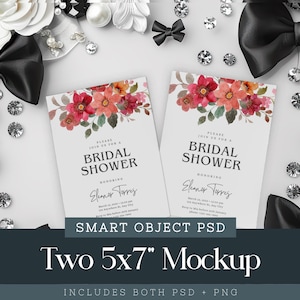Uitnodigingsmodel Photoshop voor- en achterkant, twee kaarten slim object Psd, dubbele kaart bruiloft uitnodigingsmodel, 5 x 7 kaart glamour bruiloft mockup