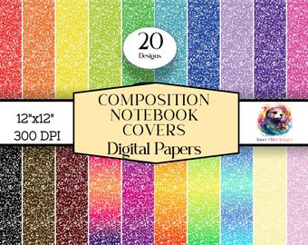 May include: A set of 20 digital papers featuring a speckled, glittery design in various colours. The papers are 12 inches by 12 inches and 300 DPI. The text "COMPOSITION NOTEBOOK COVERS Digital Papers" is displayed on the image.