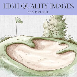 Puede incluir: Una ilustraci&oacute;n dibujada a mano de un bunker en un campo de golf. El bunker est&aacute; rodeado de hierba verde y una bandera est&aacute; en el fondo.