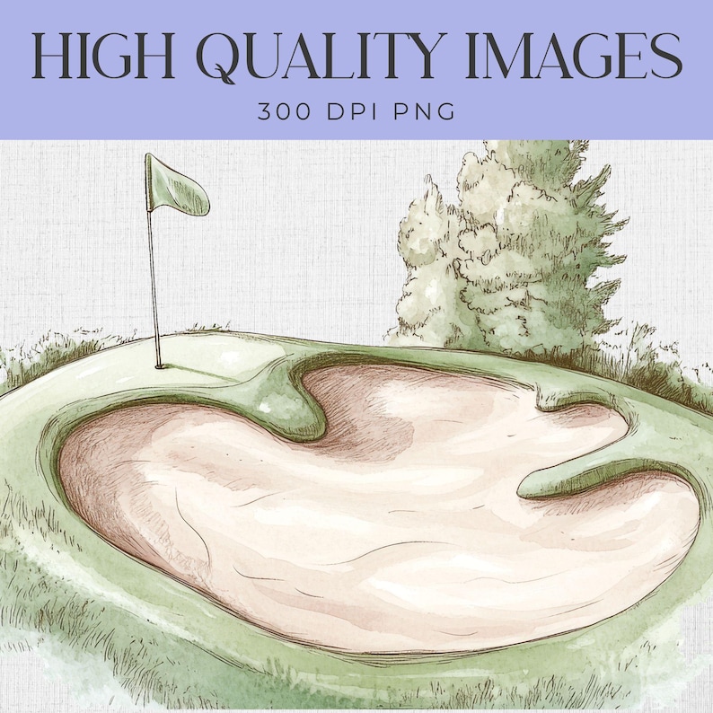 Puede incluir: Una ilustraci&oacute;n dibujada a mano de un bunker en un campo de golf. El bunker est&aacute; rodeado de hierba verde y una bandera est&aacute; en el fondo.