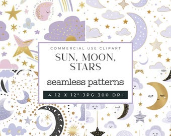 Sonne Mond Sterne niedliches Baby nahtlose Muster, über dem Mond digitale Papiere, Baby-Verpackung oder Scrapbook-Papier, kommerzielle Nutzung digital 4 Pack