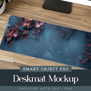 May include: A rectangular deskmat with a dark blue textured background and floral design. The deskmat features burgundy flowers and red berries. The text "Deskmat Mockup" is displayed on the bottom.