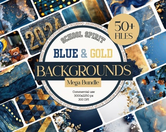 Graduate Backgrounds Bundle, Photoshop Hintergründe für Schulfarben, Flatlay Mockup, Blau und Gold Digitale Papiere und Sublimations Designs