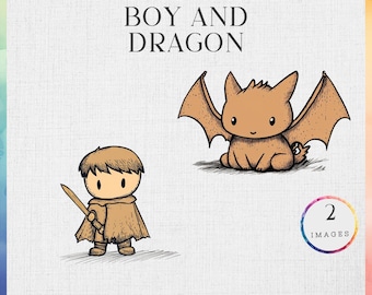 Süße Drachen und Ritter Clipart, Held PNG, sofortiger Download Kinderzimmer Dekor Bild, Cartoon Zeichnungen für Kinderzimmer, kommerzielle Nutzung