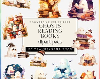Ghosts Reading Commercial Use Clipart, Spookycute Bookish Images for Teachers or Librarians, Halloween Transparent Pngs for Sublimation