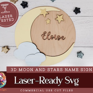 Baby Name Sign With Moon SVG, Laser Cut File, Moon and Stars Nursery Decor, Glowforge Laser Cut File,  Digital Download