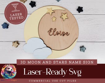 Baby Namensschild mit Mond SVG, Laser geschnitten Datei, Mond und Sterne Kinderzimmer Dekor, Glowforge Laser Cut Datei, digitaler Download