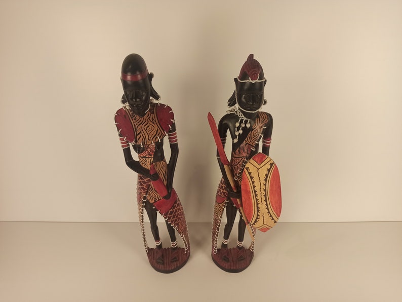 Blackwood Maasai Family Of 2 Original Kamba Tribe Art Kenya Africa Floor Sculpture Statue Living Room Entryway Hallway Decoration image 1