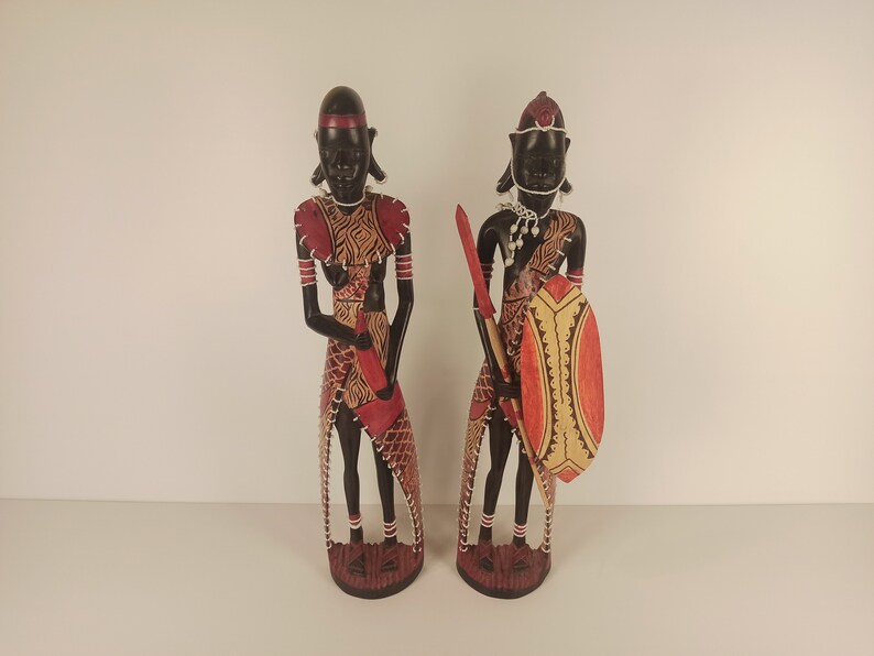 Blackwood Maasai Family Of 2 Original Kamba Tribe Art Kenya Africa Floor Sculpture Statue Living Room Entryway Hallway Decoration image 3