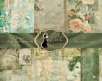 Fondo de diario basura verde colección vintage collage álbum de recortes descarga digital impresión imprimible paquete de diario shabby chic