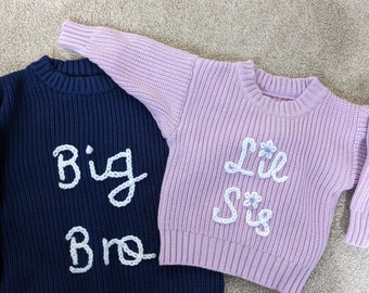 Sibling Brother Sister Personalised Hand Embroidered Baby Knitted Jumpers. New Baby Gift, New Baby Announcement