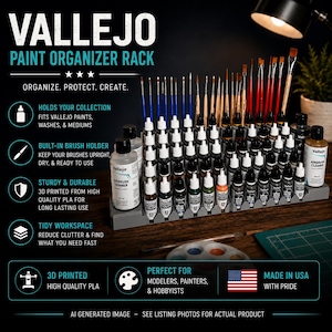 Vallejoエアブラシペイントオーガナイザーラック（17/18mlボトル60本、200ml大型ボトル4本、ブラシ30本収納可能） – ホビーペイントデスクトップ収納スタンド