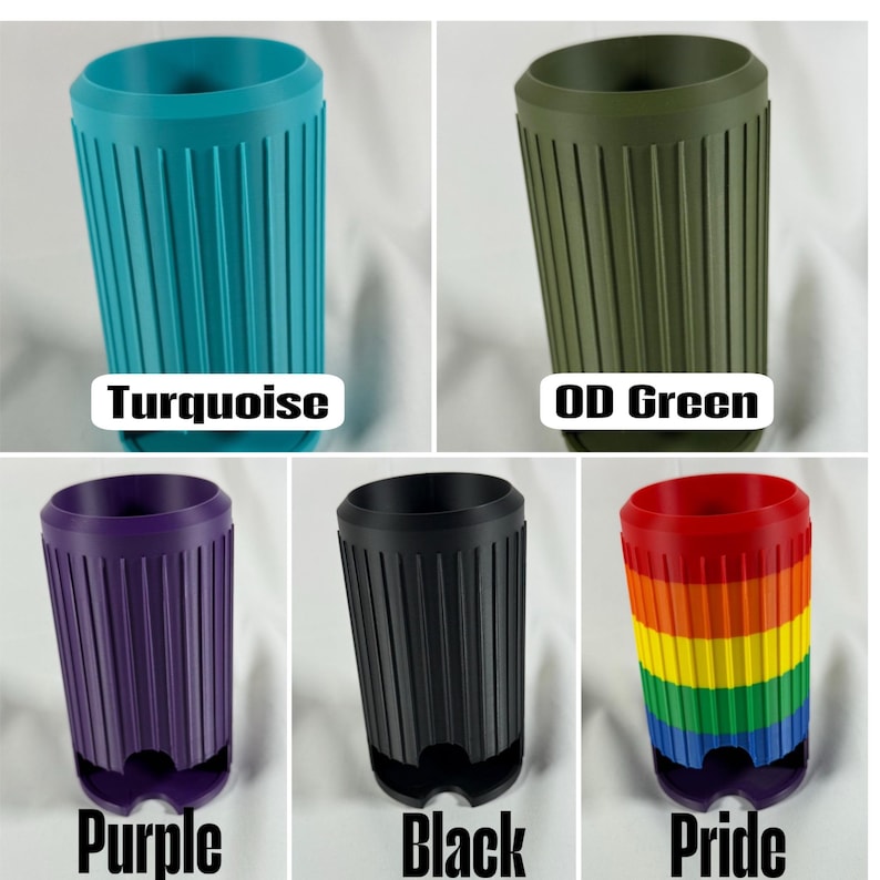 May include: A collection of reusable travel cups in various colors: turquoise, OD green, purple, black, and a rainbow Pride design. Each cup features vertical ribbed detailing and a rounded base. The color names are displayed below each cup.