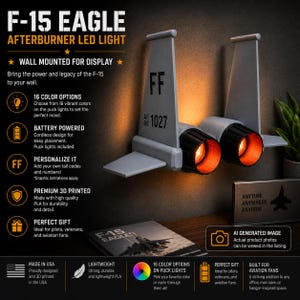 Exhibición de pared con postquemador del F-15 Eagle con luces LED / Números de cola personalizables / Regalo de aviación / Decoración militar / Jubilación / Graduación