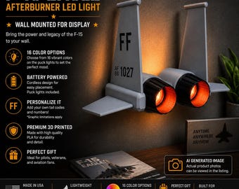 F-15 Eagle Afterburner Wall Display with LED Lights | Personalizable Tail Numbers | Aviation Gift | Military Decor | Retirement | Graduation