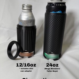 May include: Image shows two beverage can coolers in black. One is for 12/16oz cans and includes a slim can adapter. The other is for 24oz cans. The text "Size options" is at the bottom.