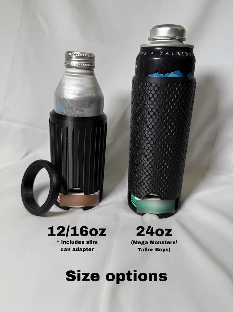 May include: Image shows two beverage can coolers in black. One is for 12/16oz cans and includes a slim can adapter. The other is for 24oz cans. The text "Size options" is at the bottom.