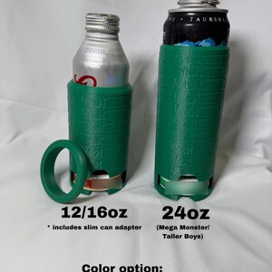 May include: Two green Gator Skin can coolers, one with a slim can adapter, and one for a 24oz can. The text on the image reads "12/16oz" and "24oz". The color option is "Gator Skin Green".