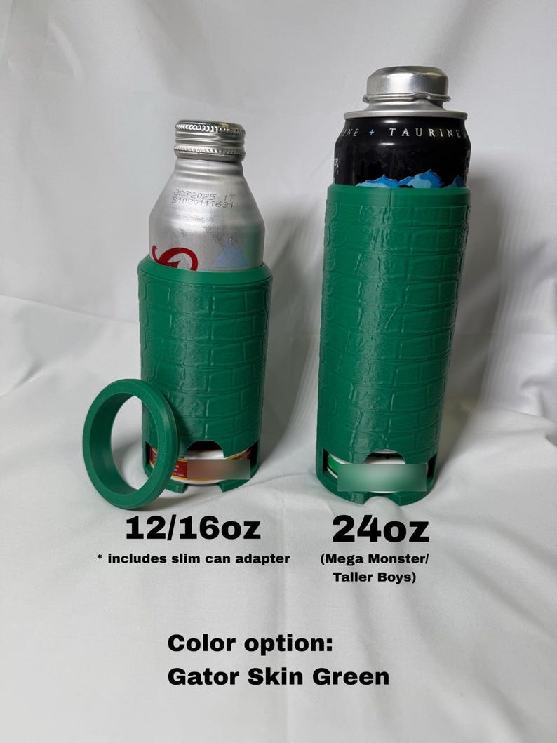 May include: Two green Gator Skin can coolers, one with a slim can adapter, and one for a 24oz can. The text on the image reads "12/16oz" and "24oz". The color option is "Gator Skin Green".
