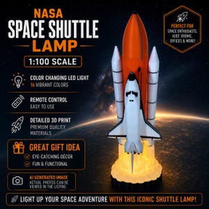 Luminária do Ônibus Espacial da NASA em escala 1:100 | Luminária de lançamento de foguete da NASA impressa em 3D com lâmpada LED e controle remoto, display de 84 cm de altura | Placa de identificação opcional