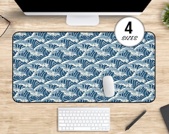 Ocean Wave Deskmat, Japanese Aesthetic Large Gaming Mousepad & Desk Mat, Surfer Gifts, Blue Desk Accessories, Coastal Keyboard Mat Desk Pad