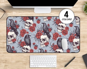 Raven & Skull Deskmat, Witchy Aesthetic Wicca Mouse Pad, Floral Skull Skeleton Desk Mat, Cute Goth Gifts, Creepy Cute Gothic Desk Accessory