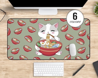 Cute Ramen Cat Deskmat, Kawaii Aesthetic Anime Desk Mat, Large Japanese Cat Mousepad, Cat Gifts for Best Friend, Kitty Cat Desk Accessories