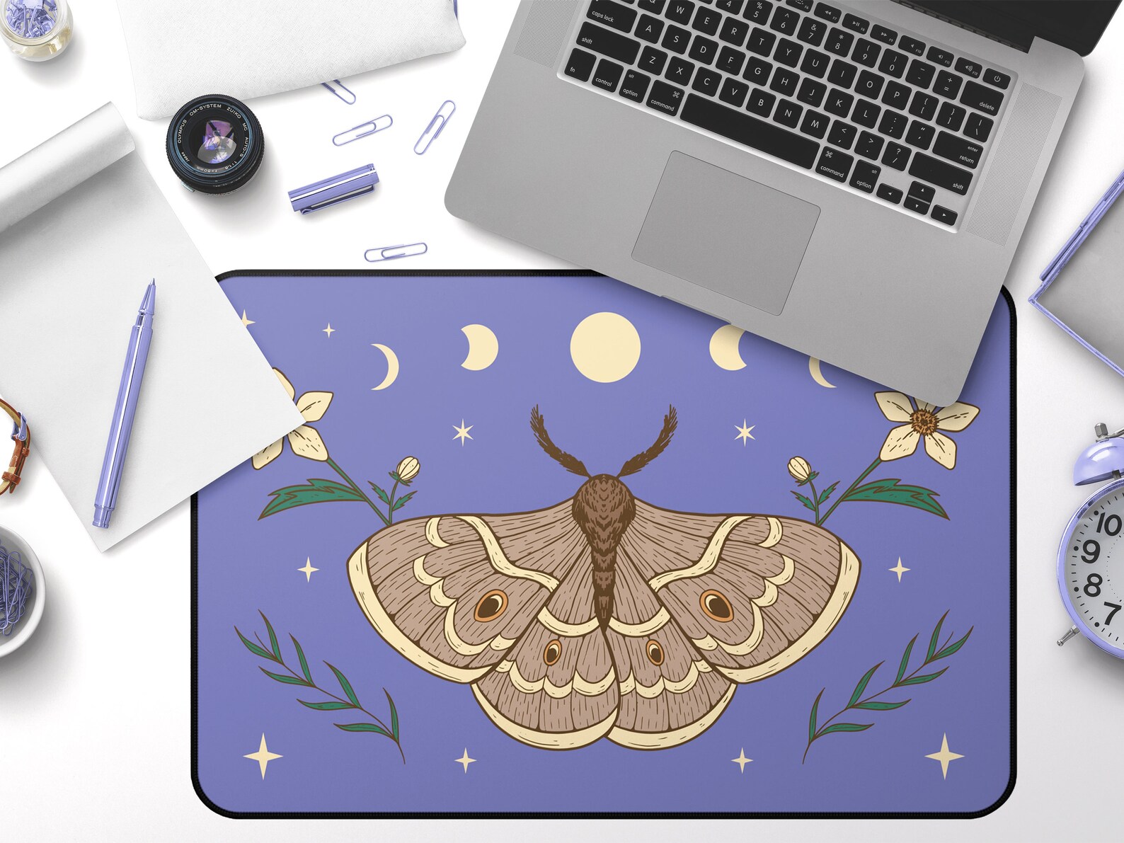 Celestial Moon Phase Moth Deskmat, Cute Moth Mousepad, Moth Floral Desk ...