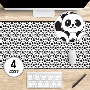 May include: Black and white mouse pad with a repeating pattern of panda faces. The text "4 SIZES" is printed on a white circle in the lower left corner of the mouse pad.
