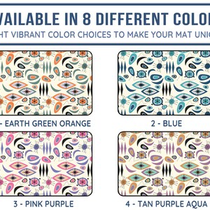 Op de afbeelding: Acht verschillende kleuropties voor een retro-gepatroneerde mat. De kleuren omvatten aardegroen, oranje, blauw, roze, paars, bruin en aqua.