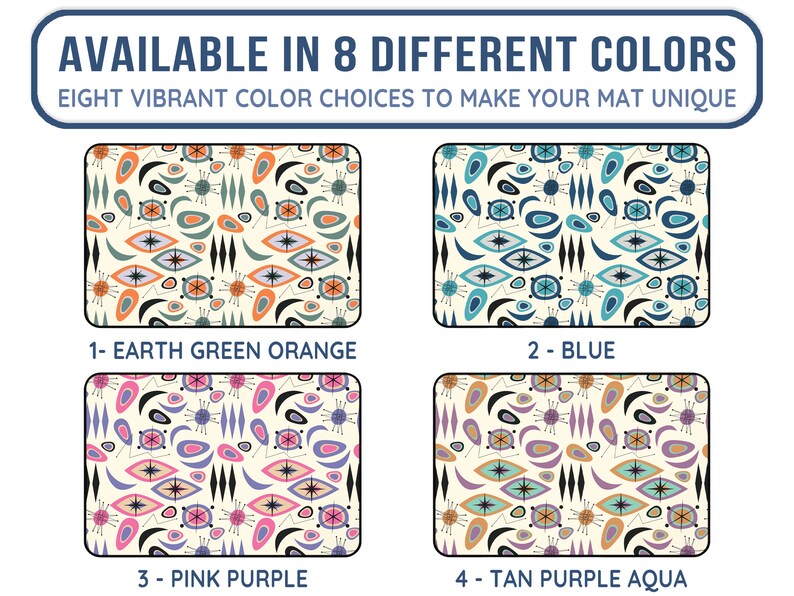 Op de afbeelding: Acht verschillende kleuropties voor een retro-gepatroneerde mat. De kleuren omvatten aardegroen, oranje, blauw, roze, paars, bruin en aqua.