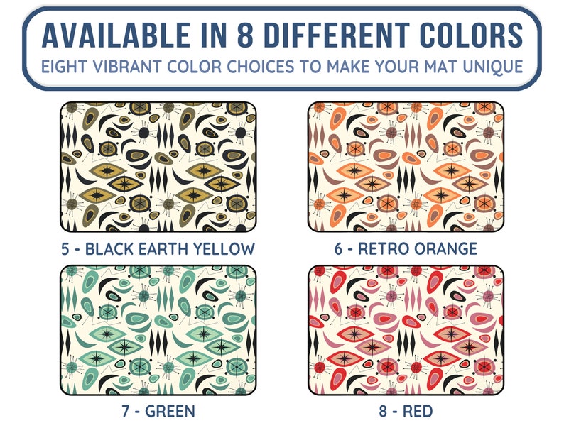 Op de afbeelding: Vier verschillende kleuropties voor een geometrisch gestreept tapijt. De kleuren zijn zwart, geel, oranje, groen en rood. De tekst "AVAILABLE IN 8 DIFFERENT COLORS" staat bovenaan de afbeelding. De tekst "EIGHT VIBRANT COLOR CHOICES TO MAKE YOUR MAT UNIQUE" staat onder de eerste regel tekst. De tekst "5 - BLACK EARTH YELLOW" staat onder het eerste tapijt. De tekst "6 - RETRO ORANGE" staat onder het tweede tapijt. De tekst "7 - GREEN" staat onder het derde tapijt. De tekst "8 - RED" staat onder het vierde tapijt.