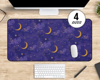 Celestial Night Sky & Moon Deskmat, Large Stars Moon Mousepad, Purple Starry Night Desk Mat, Zodiac Lunar Desk Accessory, Cute Keyboard Mat