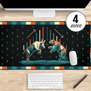 May include: A black and white desk mat with a bull and bear graphic. The graphic features a bull charging up a chart and a bear standing on the chart. The chart is made up of red and blue bars. The background of the mat is black with a pattern of dollar signs. The text "4 SIZES" is in the upper right corner of the mat.